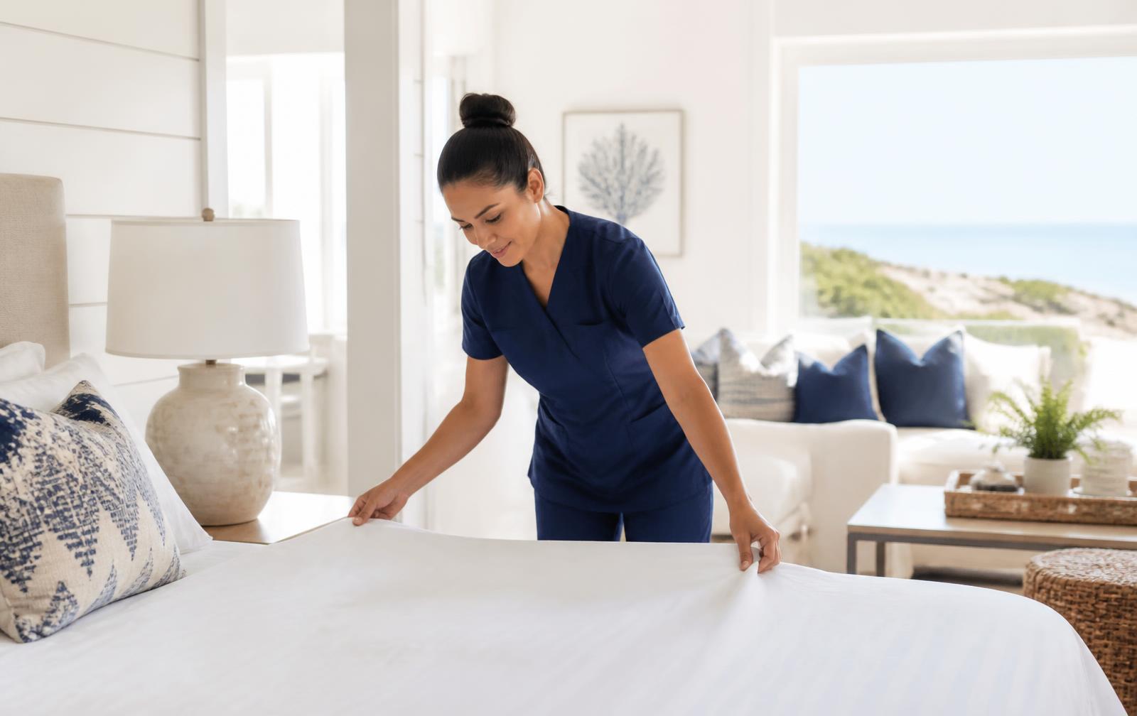 A professional turnover cleaner making the bed with fresh linens in a coastal vacation rental